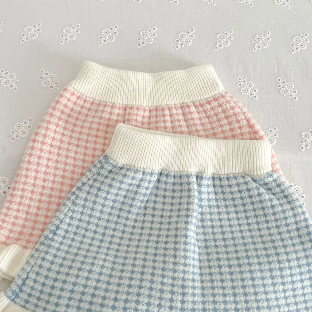 Spring Autumn Children's Clothing Set Girls Plaid Knitted Sweater and Skirt 2PCS Trendy Bow Cardigan Outfit 1-5Y Girls
