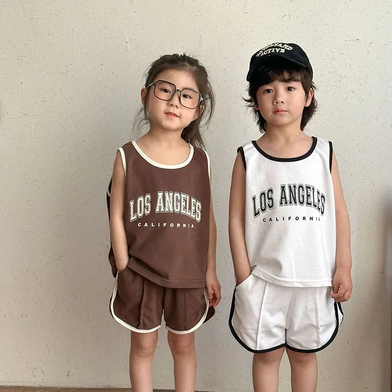 New Summer Kids Clothes Set Children Thin Style Letter Sports Suit Girls Tank Top Shorts Boys Outfits 4-6Y Unisex