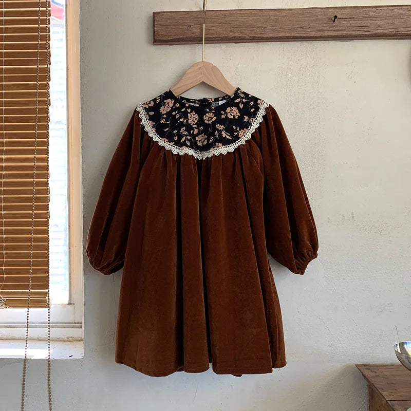 Autumn Velvet Vintage Style Kids Long Dress for Girls Floral Round Collar Princess Kids Clothes Dresses 2-6 Years