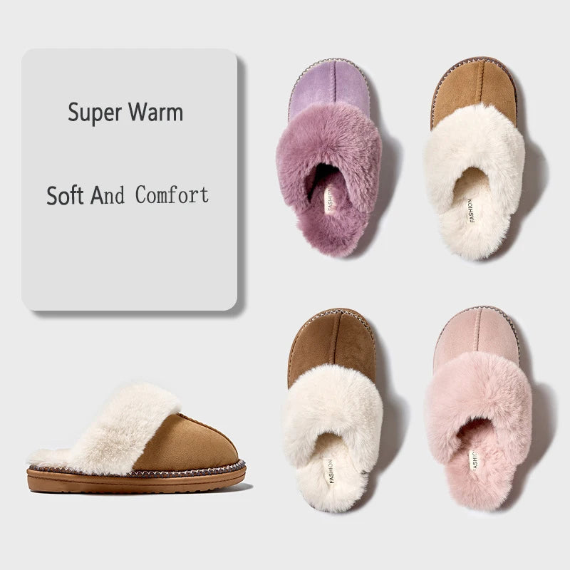 Women's Winter Warm Fur Fluffy Cotton Cosy Slippers With Non-Slip Indoor Plush Bedroom Flat Plush Slides Ladies' Shoes