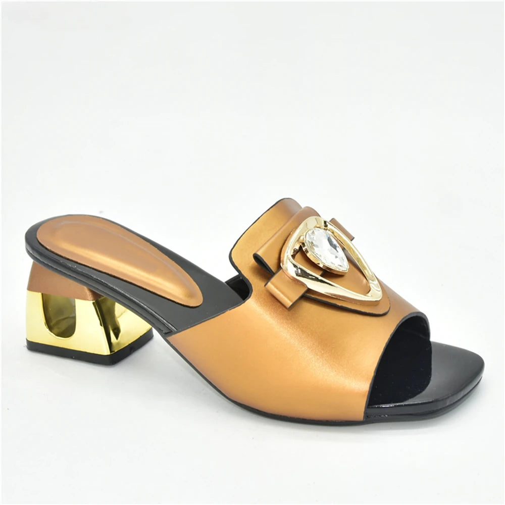 Women's Italian High Heel Slippers Shoes with Metal Trim and Rhinestones for Ladies Suitable for Autumn Wedding