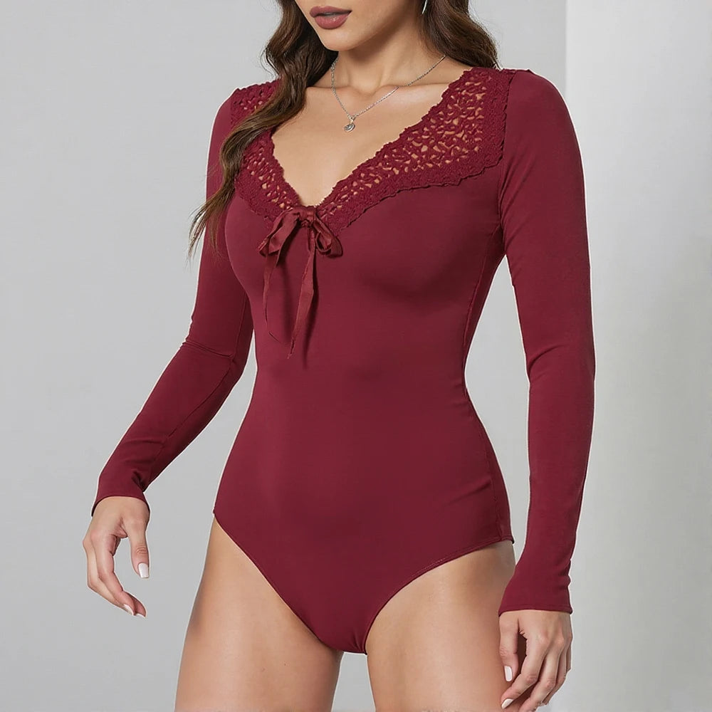 Women's Jumpsuits Summer Korean Fashion Elegant 2025 Plain Lace Long Sleeve V-neck Seaside Jumpsuits