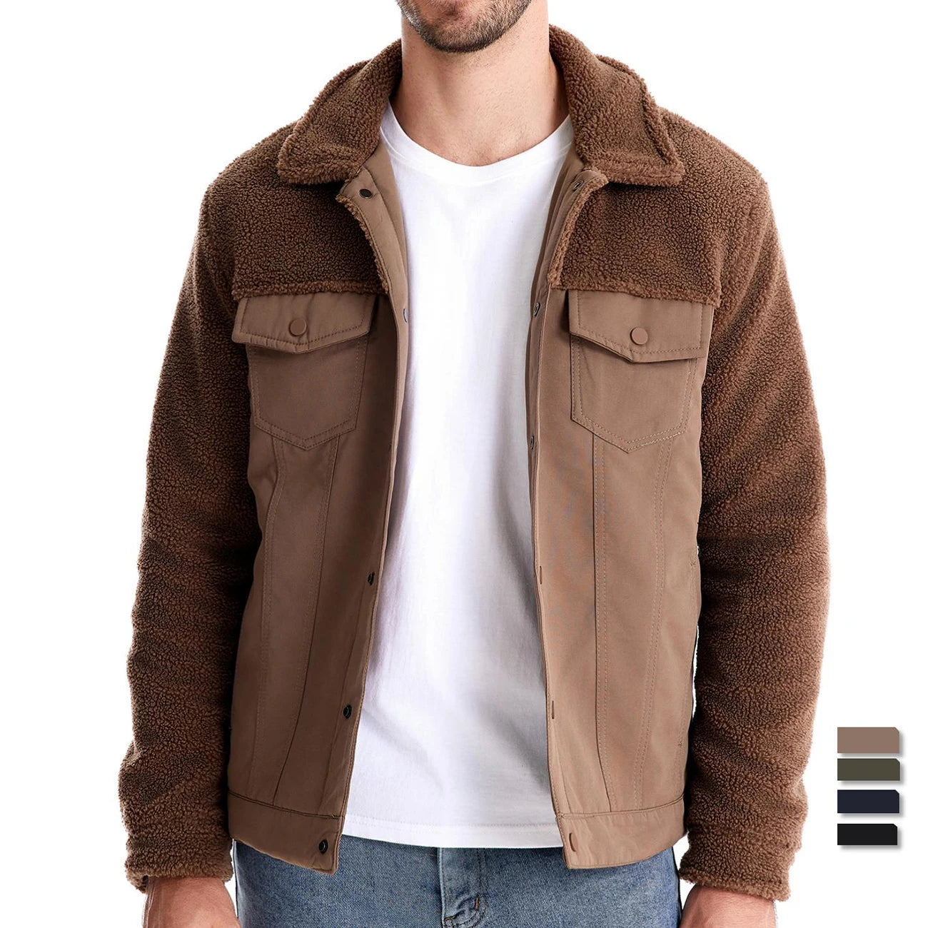 Men's Winter Warm Thick Sherpa Fleece Jacket Patchwork Fur Collar Fashion Casual Work Jackets for Men