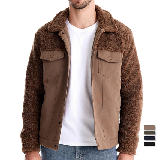 Men's Winter Warm Thick Sherpa Fleece Jacket Patchwork Fur Collar Fashion Casual Work Jackets for Men