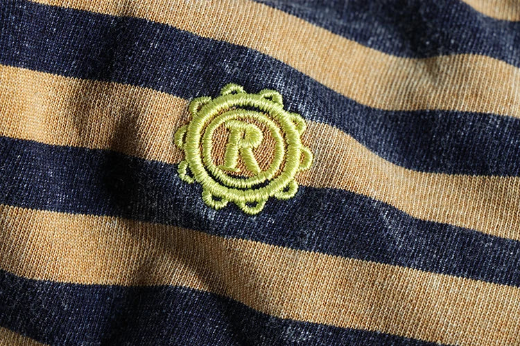 Summer New Japanese Retro Short Sleeve Striped T-shirt Men's Fashion 100% Cotton Slim Simple Round Neck Washed Old Casual Tops