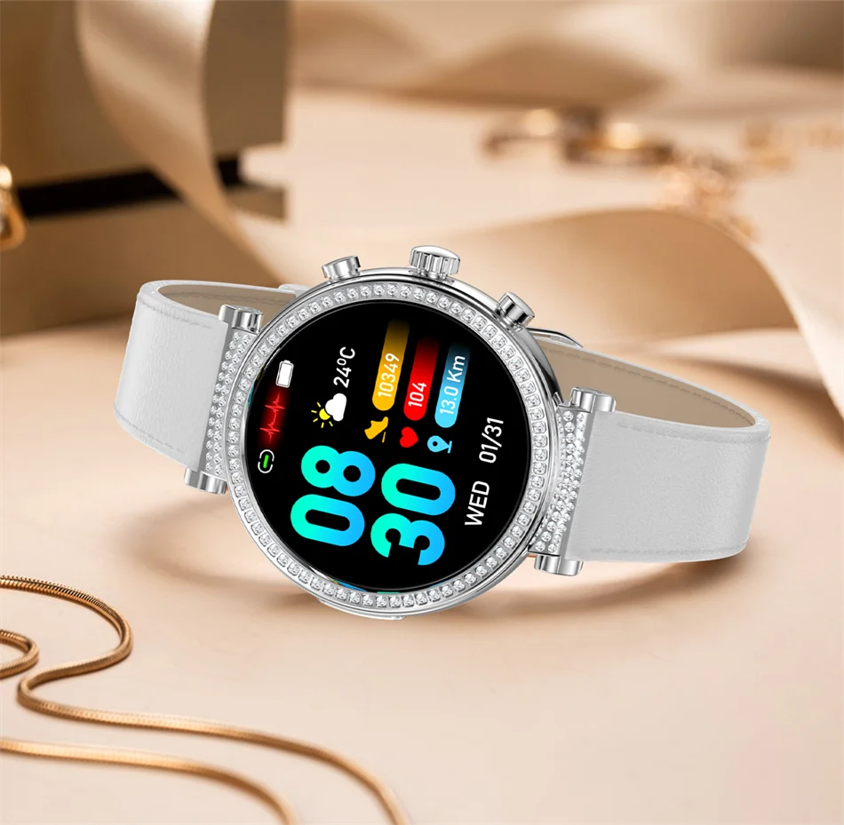 Women Diamond Smart Watch ECG Women Health tracking Watch Full Touch Screen BT Call Custom dial Smartwatch Compatible with Huawei & Xiaomi IOS