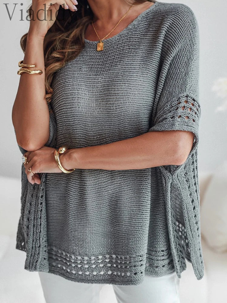 Solid Batwing Sleeve Hollow-out Top Pullovers Casual Cover Up