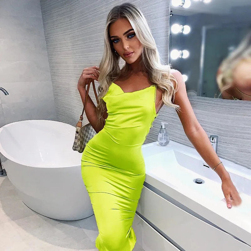 Neon Satin Lace Up Women's Long Midi Dress Light Pink Bodycon Backless Elegant Party Sexy Club Clothes Summer Dinner Outfit