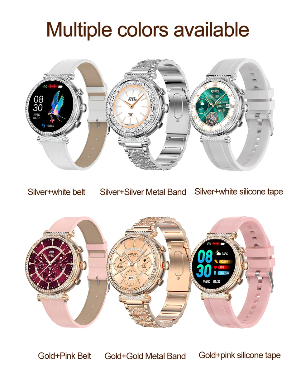 Women Diamond Smart Watch ECG Women Health tracking Watch Full Touch Screen BT Call Custom dial Smartwatch Compatible with Huawei & Xiaomi IOS