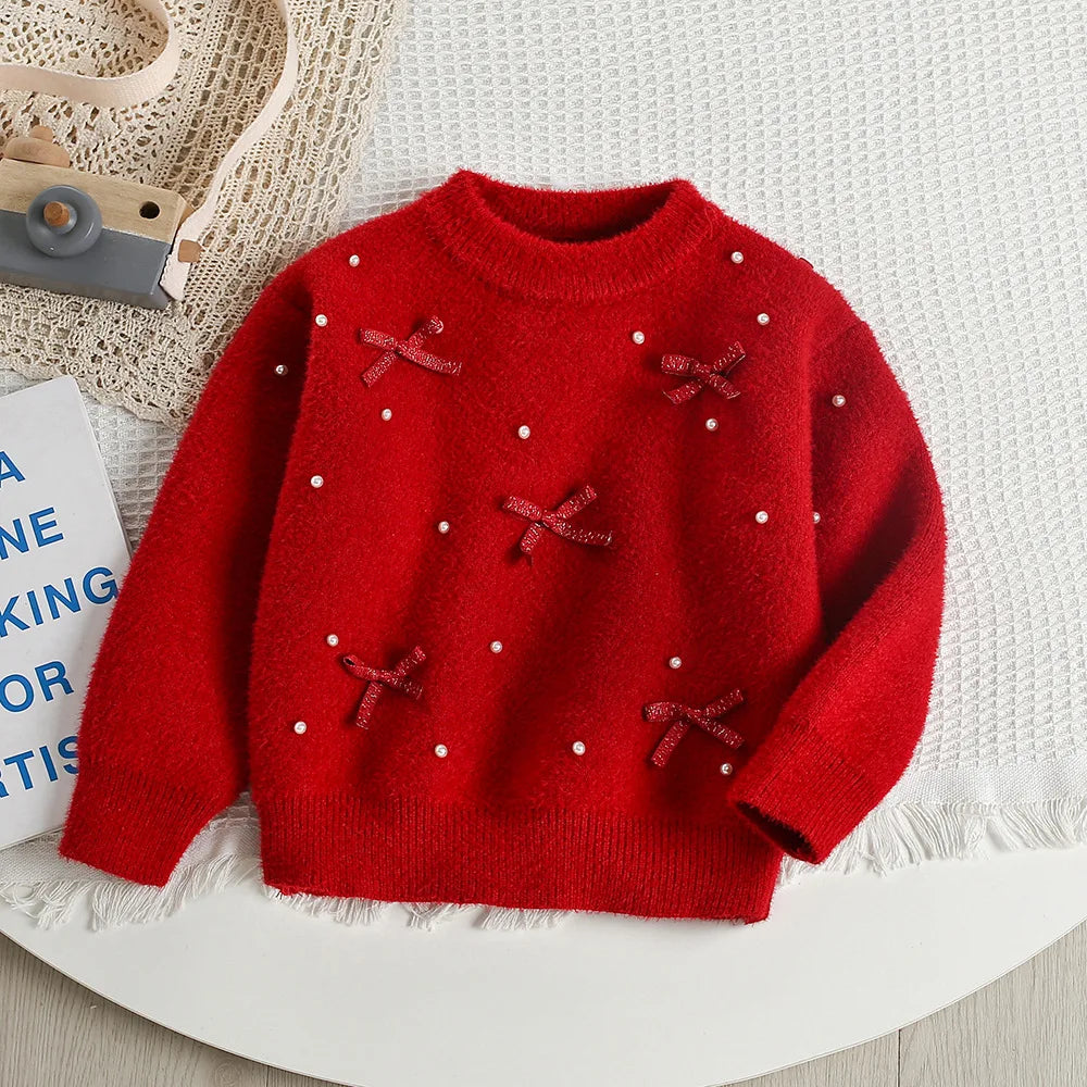 New Autumn Baby Knitwear Cute Girls Bow Bead Children's Sweater Thin Kids Clothes 9M-5T Girls