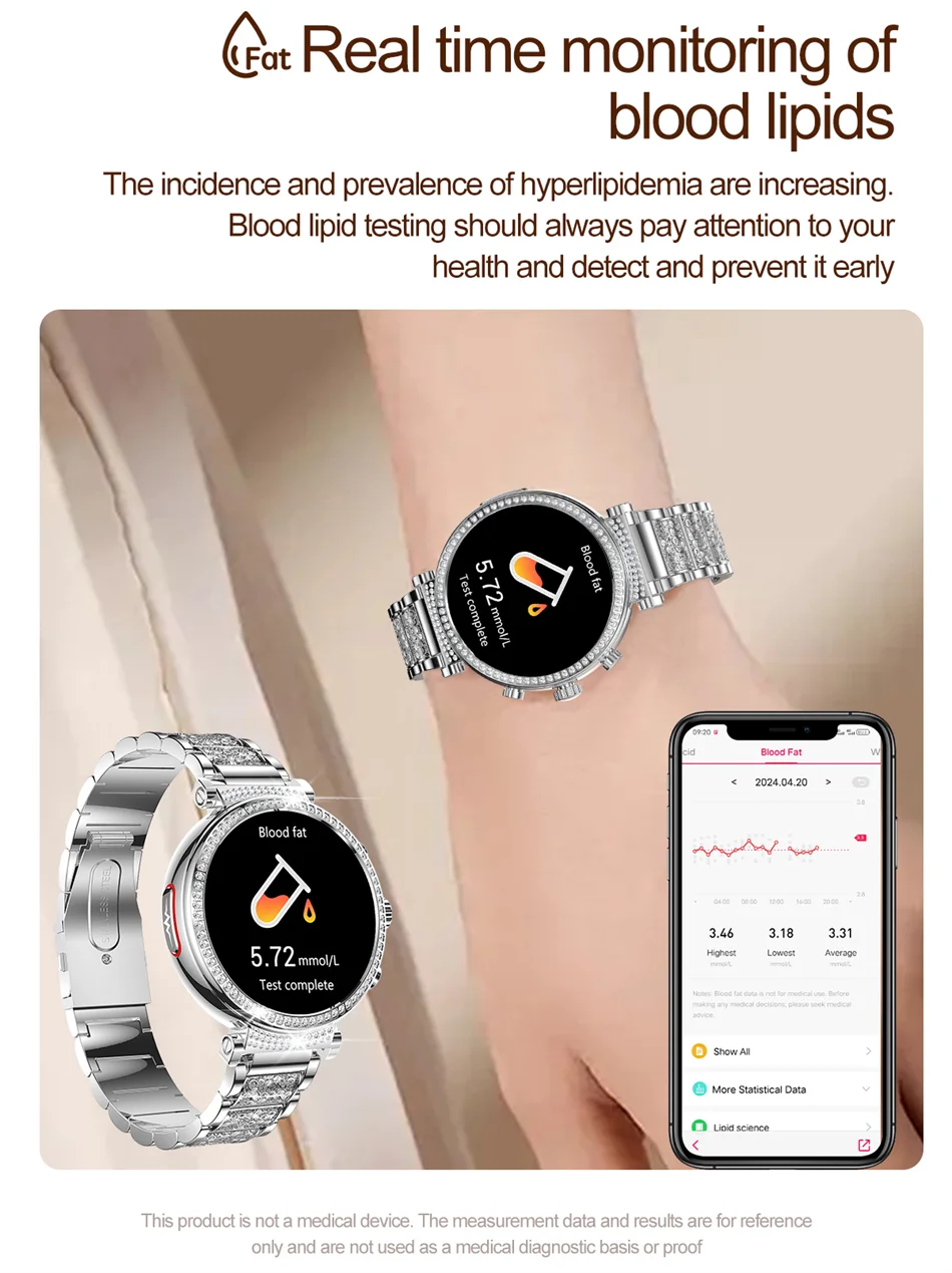 Women Diamond Smart Watch ECG Women Health tracking Watch Full Touch Screen BT Call Custom dial Smartwatch Compatible with Huawei & Xiaomi IOS