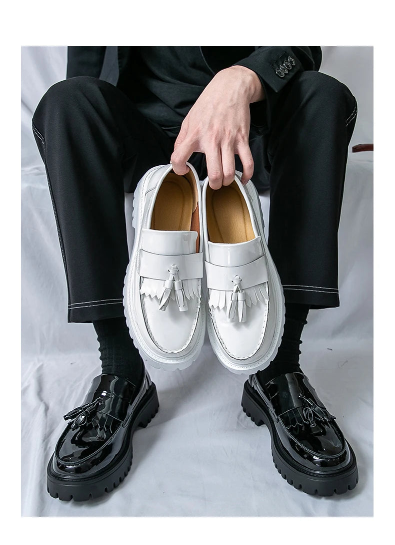 Fashion Men Tassels Loafers Thick Bottom Male Height Increasing Walking Shoes All White Wedding Shoes