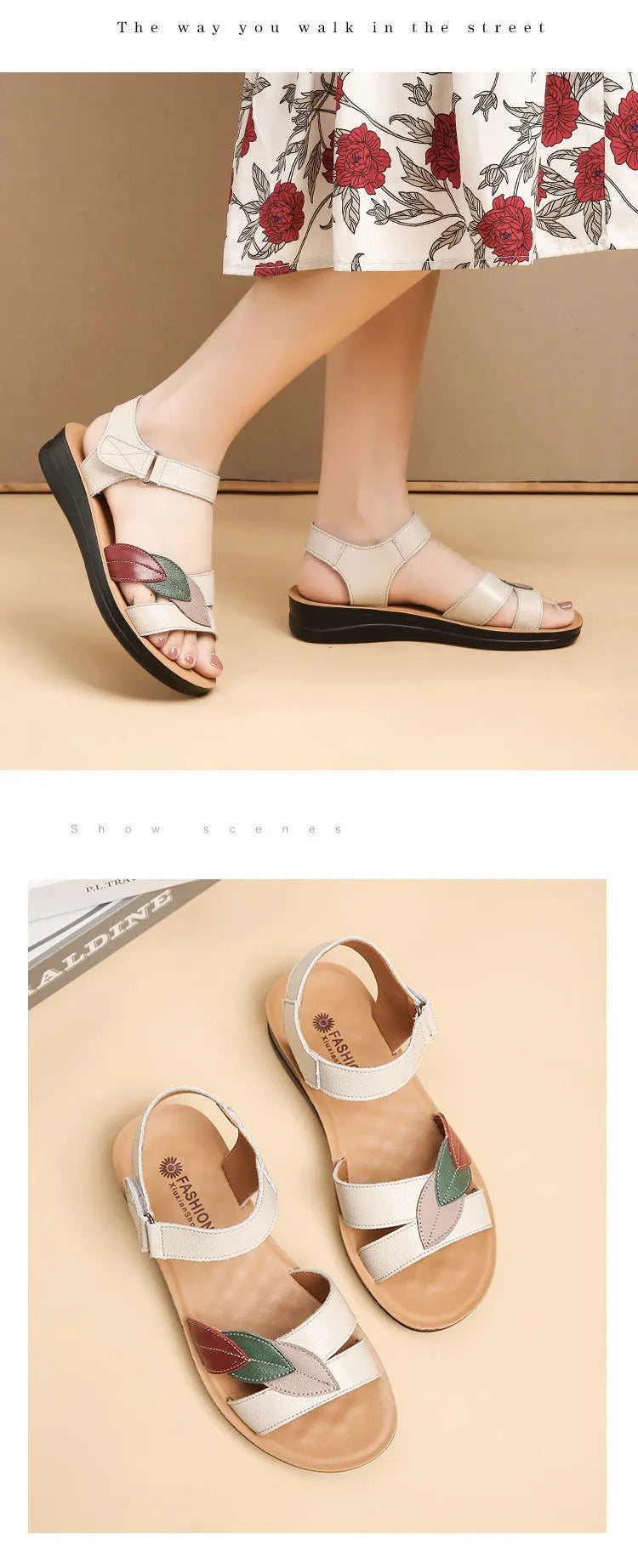 Women's Mother Ladies Female Genuine Leather Sandals Shoes Platform Summer Cool Beach Soft Waterproof Leaf Non Slip