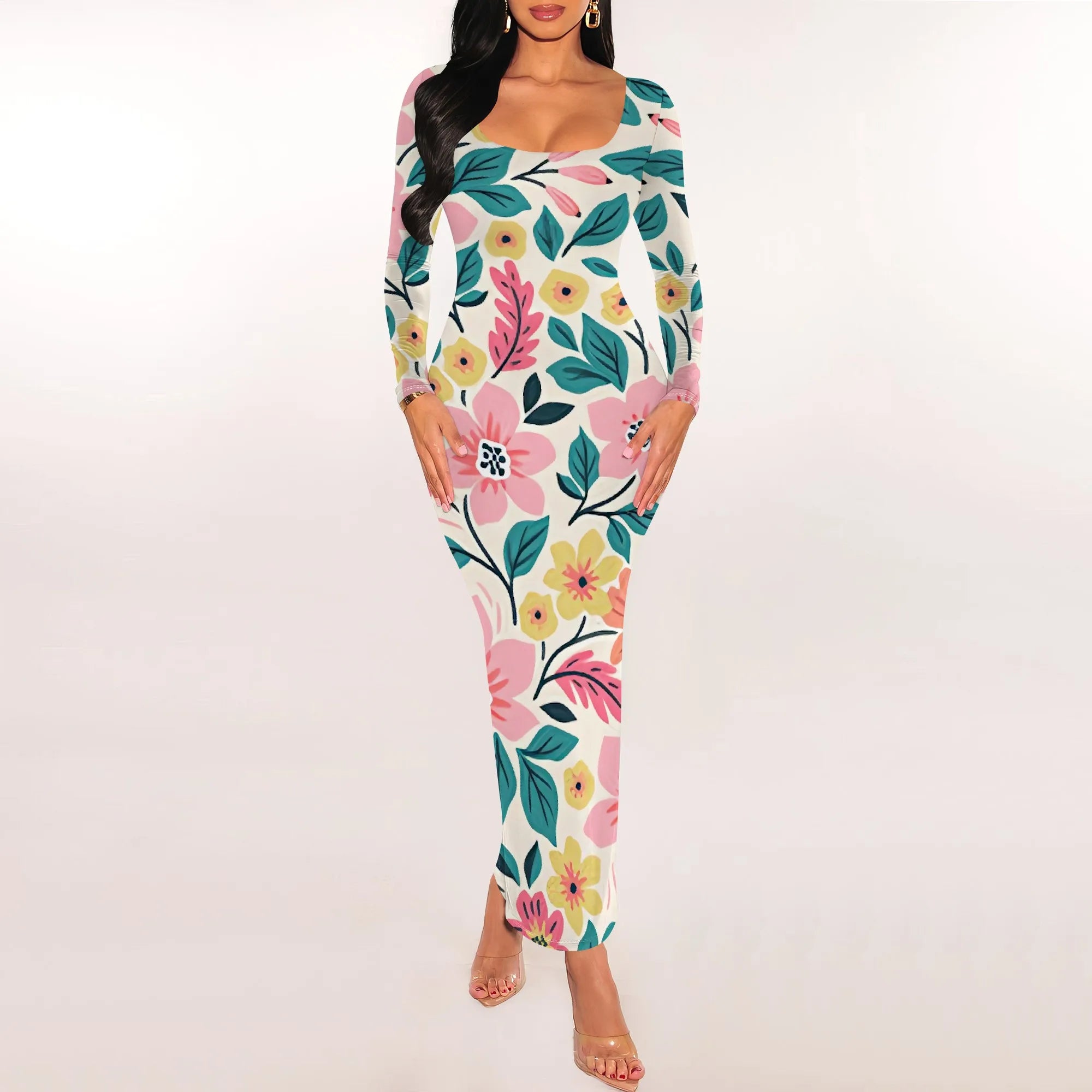 Bright Floral Print Bodycon Maxi Dress Colorful Long Sleeve Scoop Neck Spring Outfits