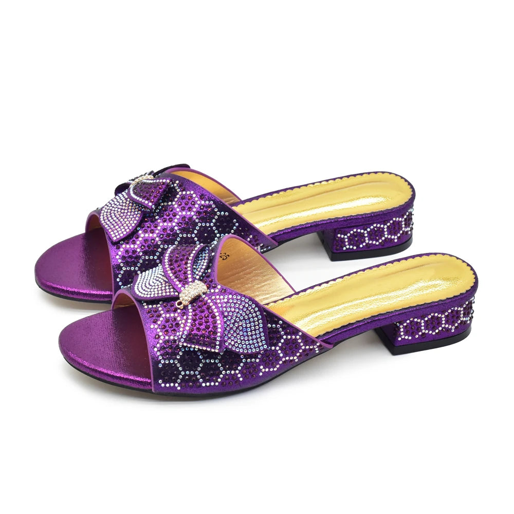 Women Bow Pumps Decorated with Rhinestone Slip-On Peep Toe Low Heels Ladies Dress Party Shoes for Bride's Wedding