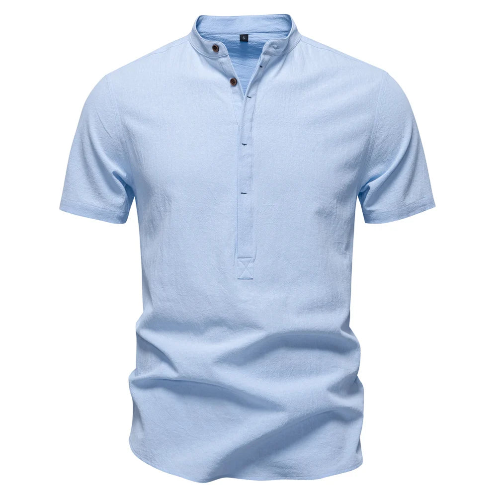 Men's Short Sleeve Solid Colour Linen Shirt Turn Down Collar Casual Summer Breathable Comfort Shirts for Men‌