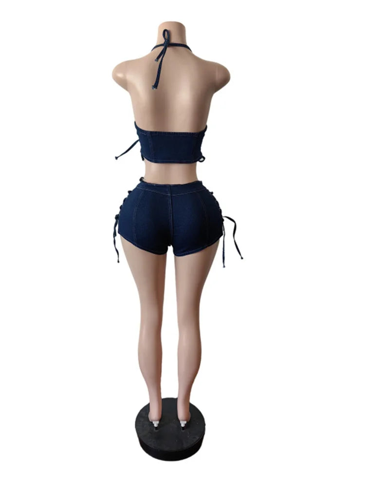 Shirring Decoration Denim 2 Piece Set Women Halter Low-Neck Backless Tops + Skinny Shorts Hottie Street Fashion Suits