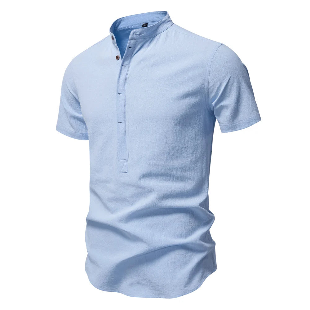 Men's Short Sleeve Solid Colour Linen Shirt Turn Down Collar Casual Summer Breathable Comfort Shirts for Men‌