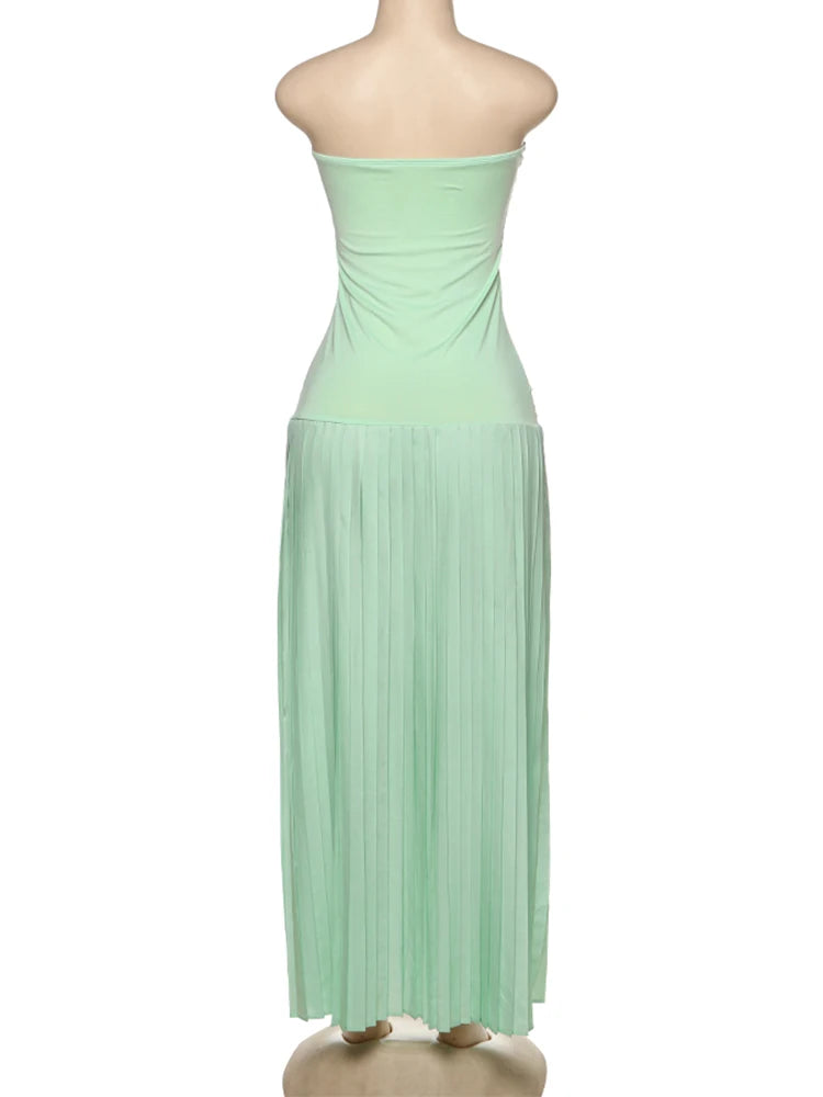 Patchwork Strapless Sexy Dress Women 2025 Summer Elegant Slim High Stretch Draped Pleated Birthday Party Bodycon