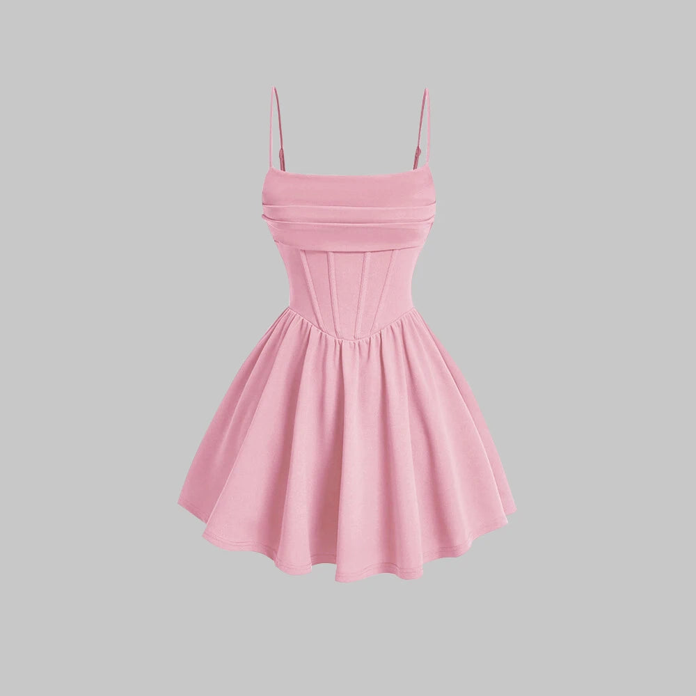 Women's A-Line Mini Short Dresses Square Neck Sleeveless Solid Red Elegant Party Summer Sexy Milkmaid Pleated Dresses