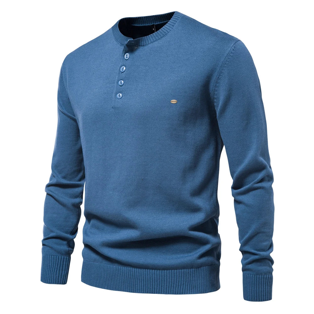 Men's Henley Collar Sweaters 100% Cotton Solid Colour Casual Pullovers Autumn Thin High Quality Sweaters for Men