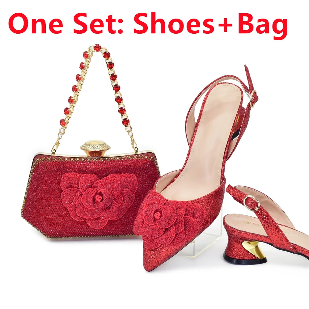 Designers Ladies Luxury Italian Party Shoes and Bag Set for Women Rhinestone-Decorated Suitable for Bride's Wedding