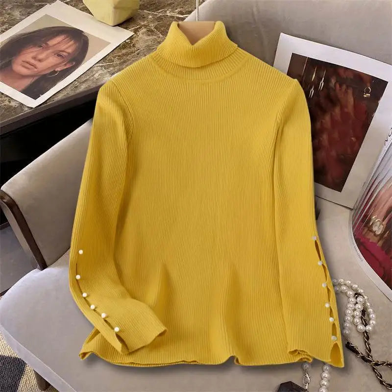 Women Casual Turtleneck Ribbed Sweaters Korean Fashion Long Sleeve Solid Pullovers Autumn 2024 Chic Sleeve Slit Jumpers