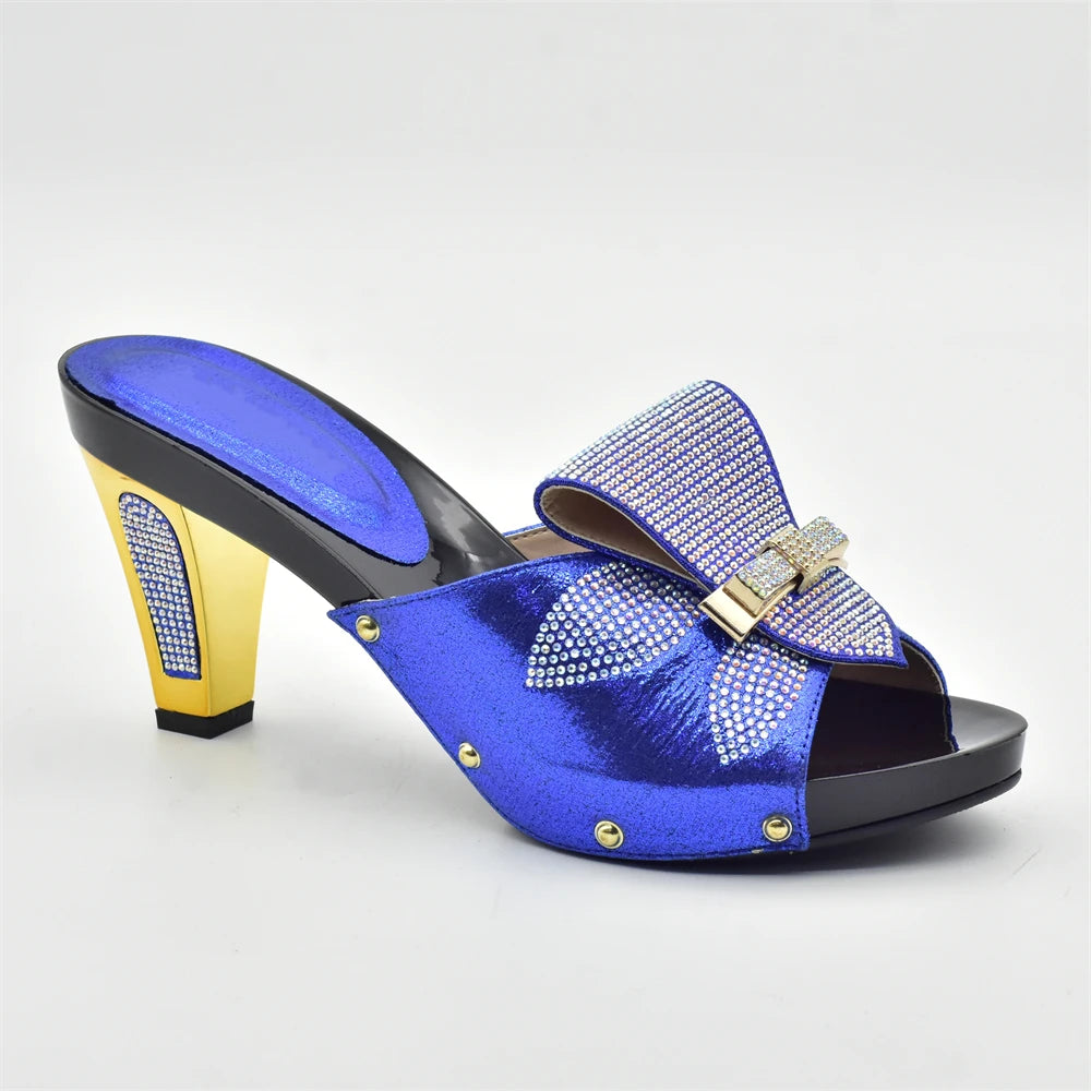 Gold Color Women Slippers Shoes African Women Wedding Shoes Elegant Italian Woman Shoes with Stone High Heels Woman Summer Pumps