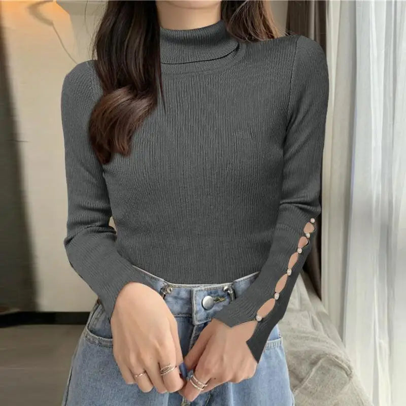 Women Casual Turtleneck Ribbed Sweaters Korean Fashion Long Sleeve Solid Pullovers Autumn 2024 Chic Sleeve Slit Jumpers