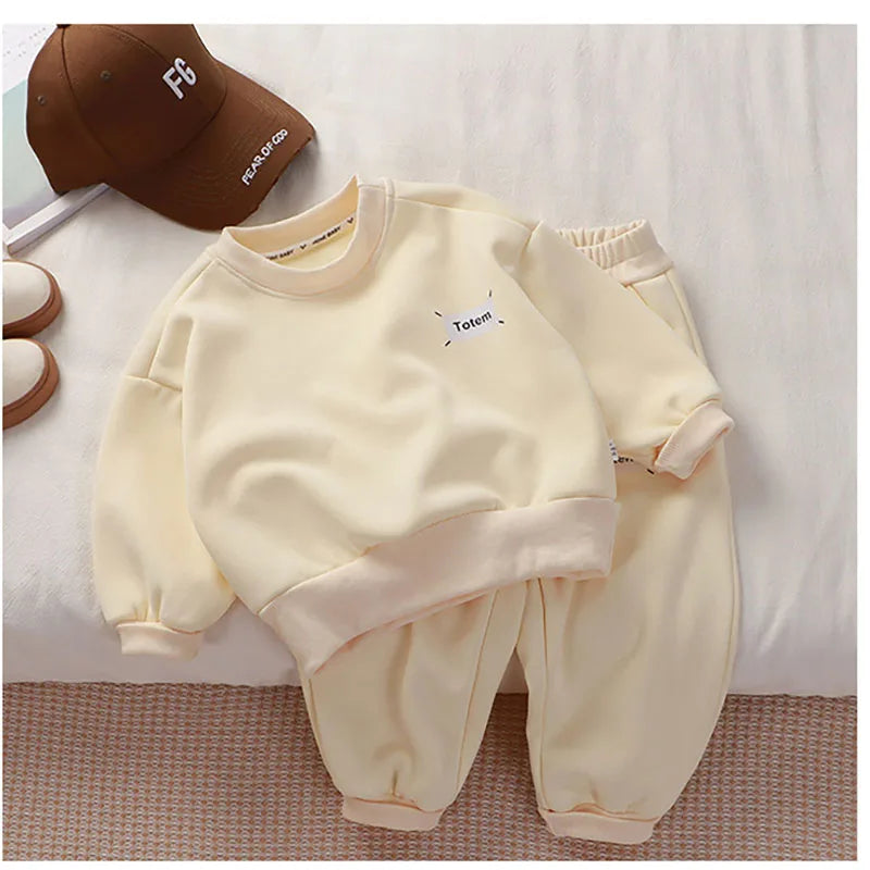 Kids Thicken Clothes Set Girls Cute Solid Colour Letters Sweatshirt + Pants Children Sports Suit Boys 2PCS Outwear 2-8T Unisex