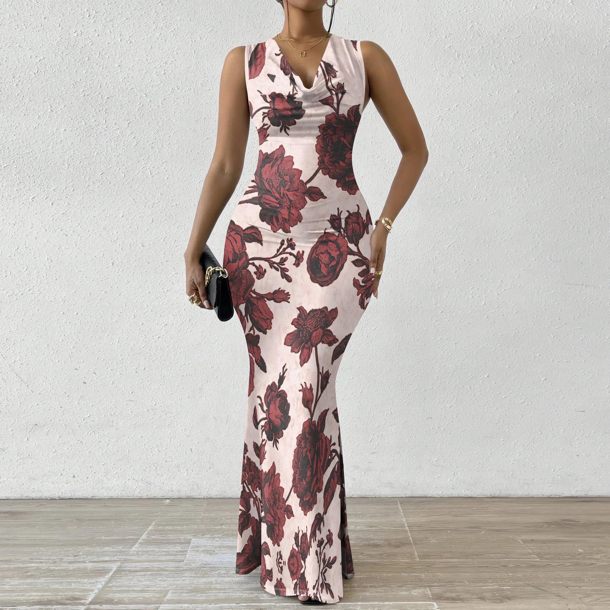 Women's V-Neck Sleeveless Maxi Dress Vintage Red Floral Print Elegant Bodycon Evening Dress