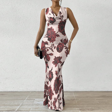 Women's V-Neck Sleeveless Maxi Dress Vintage Red Floral Print Elegant Bodycon Evening Dress
