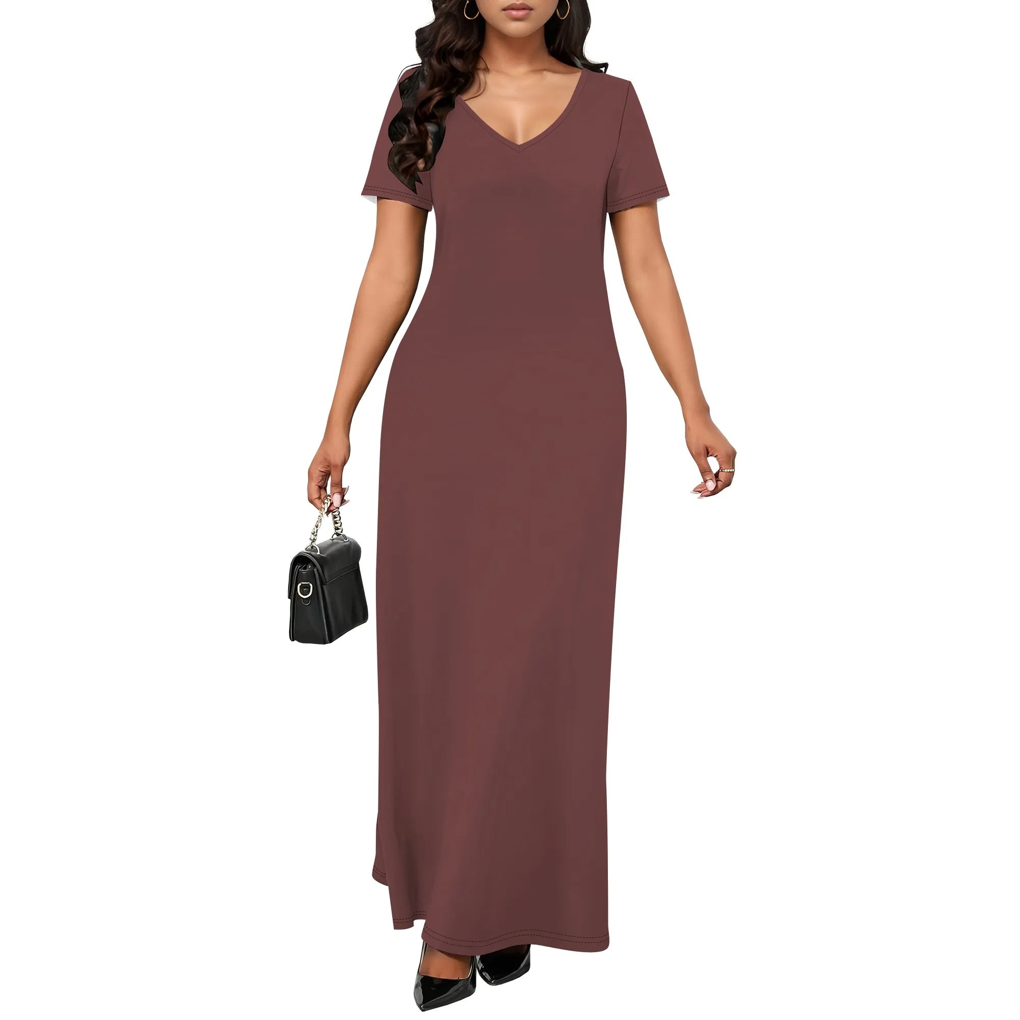 Women's Casual Short Sleeve Sexy V Neck Solid Color T Shirt Maxi Dress Summer Beach Swing Sundresses with Pockets
