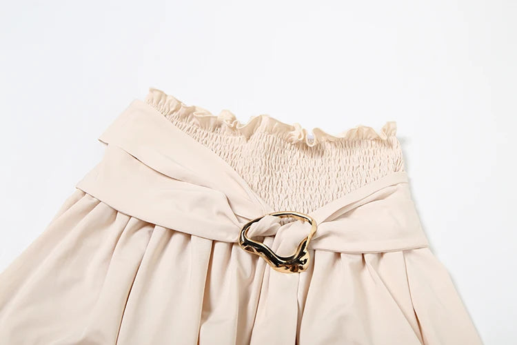 Elegant Ruched 2 Piece Set Women Skew Collar Backless Crop Tops + Metal Buckle Decoration Skirts Matching Solid Outfits