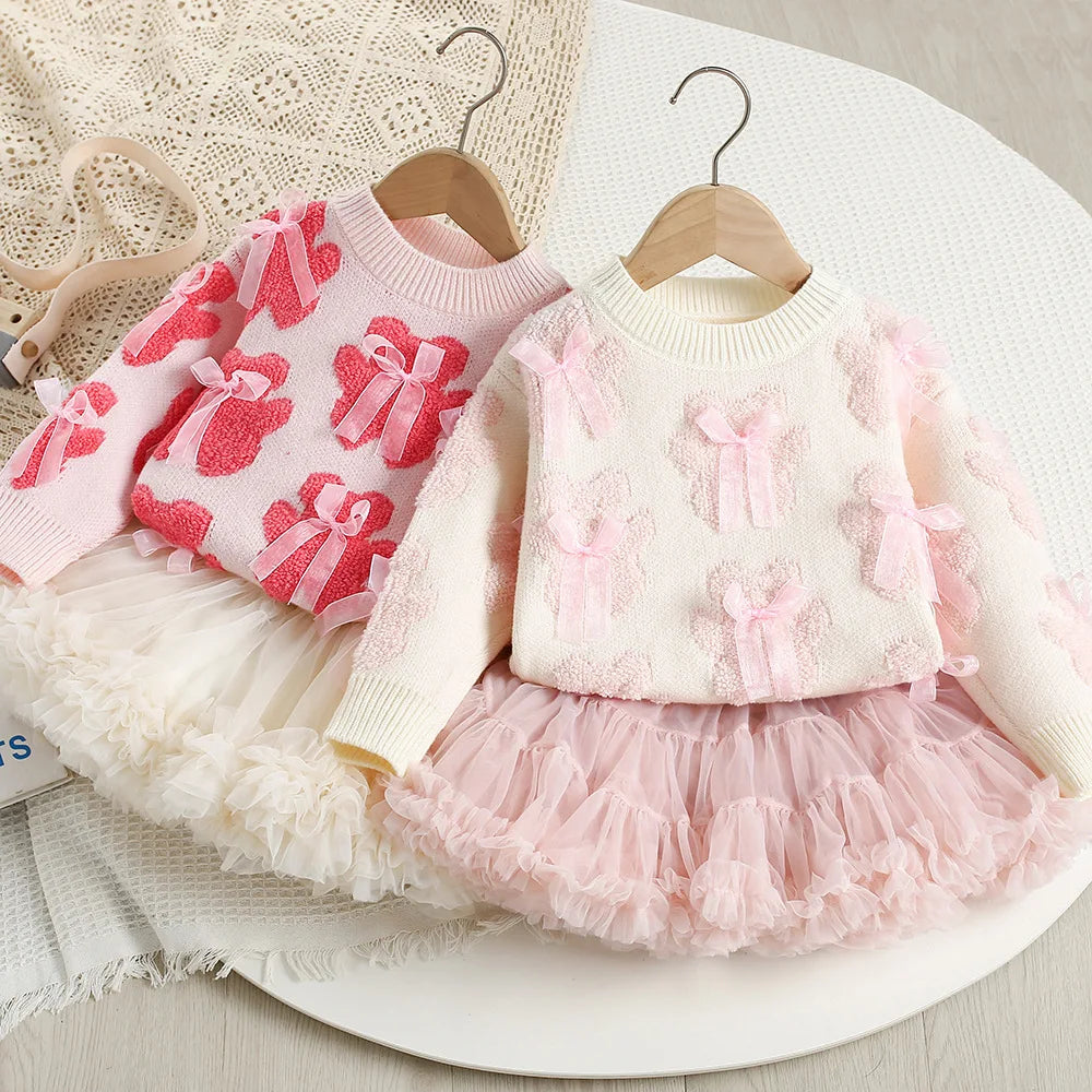 Autumn Kids Outfit 2PCS Set Sweet Bear Bow Girl's Knitted Sweater And Mesh Skirt Korean Loose Children's Clothing 9M-5T Girls