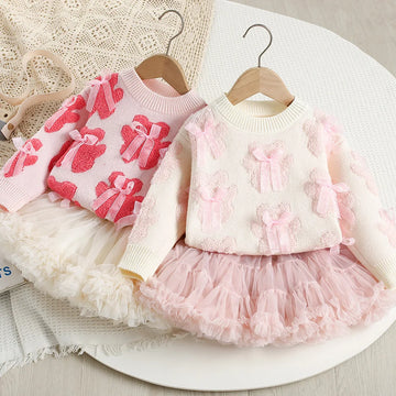 Autumn Kids Outfit 2PCS Set Sweet Bear Bow Girl's Knitted Sweater And Mesh Skirt Korean Loose Children's Clothing 9M-5T Girls