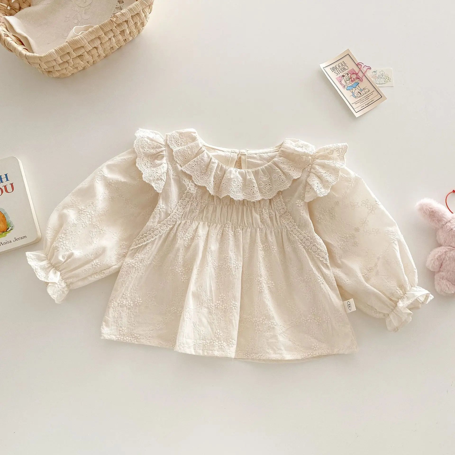 Spring Korean Style Girls' Doll Shirt Cute Embroidered Flowers Kid's Blouse Children's Baby Peter Pan Collar Shirt Base Top 0-5Y Girls