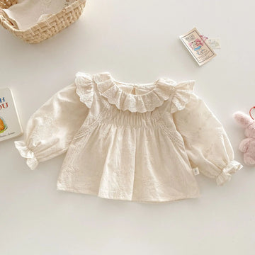 Spring Korean Style Girls' Doll Shirt Cute Embroidered Flowers Kid's Blouse Children's Baby Peter Pan Collar Shirt Base Top 0-5Y Girls