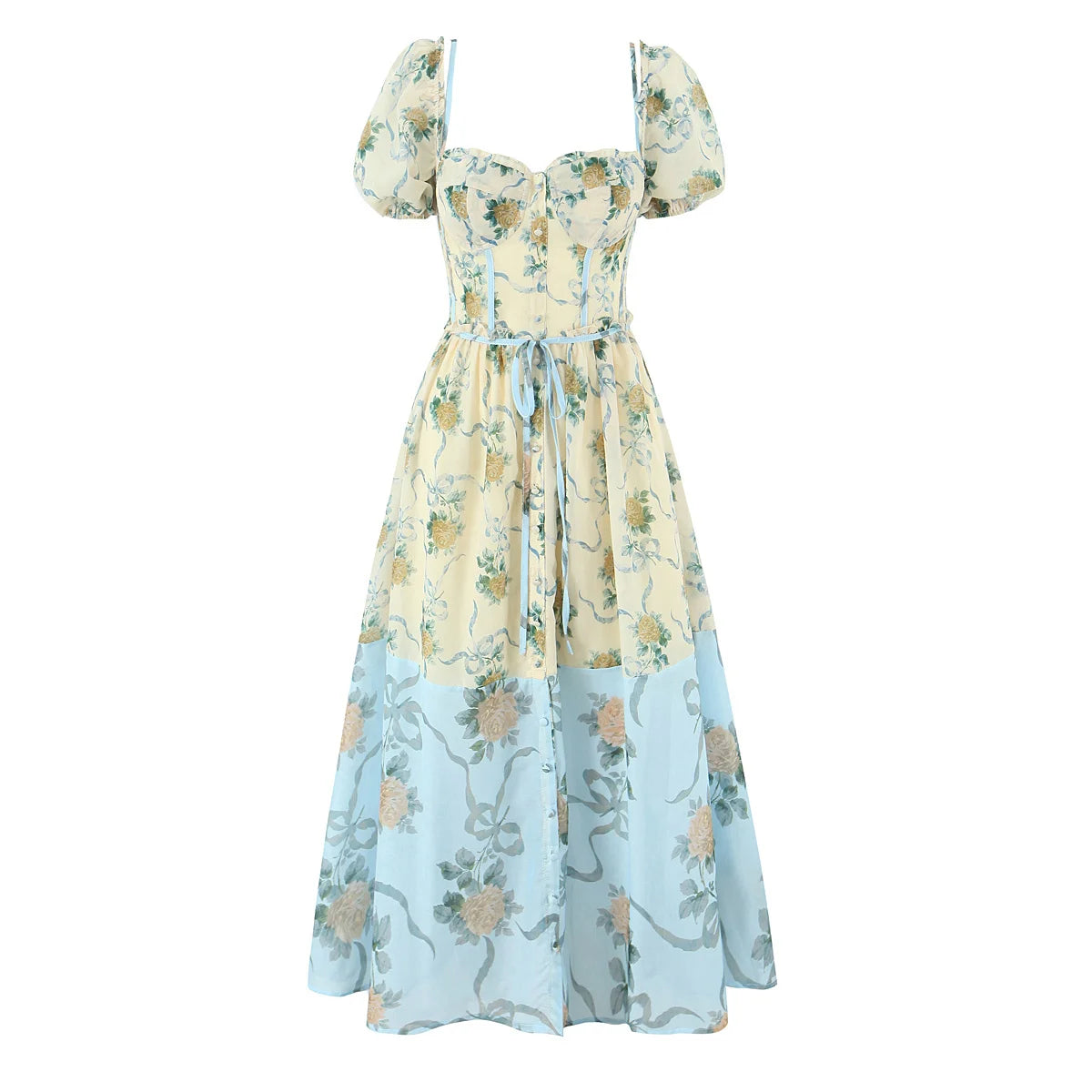 Patchwork Floral Print Boho Summer Dresses Women Vintage Puff Sleeve A-line Midi Chiffon Dress Chic Lady Vacation Robe