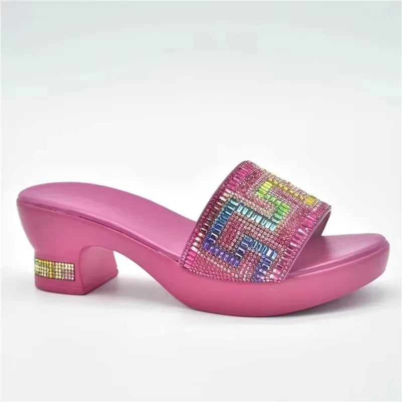 2025 Women Wedge Slippers Shoes Italian Design Comfortable Outdoor Platform With 6cm High Heels Decorated With Rhinestone