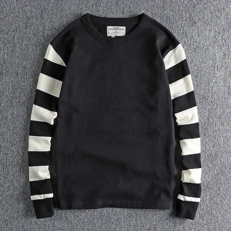 Autumn American Retro Long Sleeve Heavyweight Striped T-shirt Men's Fashion Pure Cotton Washed Prisoner Motorcycle Casual Tops