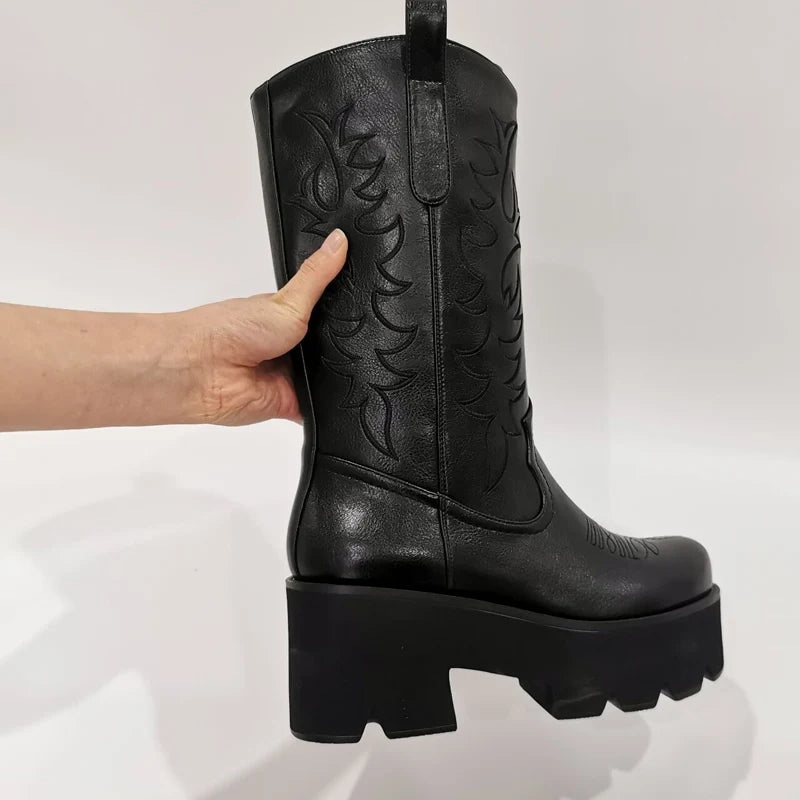 Women Platform  Mid Calf Boots Black Chunky High Heels  Big Size Lady Short Booties