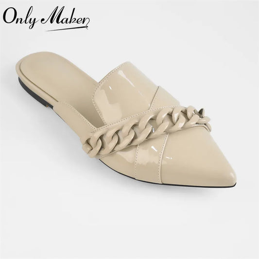 Women Slip-On Sandals Pointed Toe Chain Decoration Patent Leather Khaki Shoes For Woman Daily Concise Summer Flats
