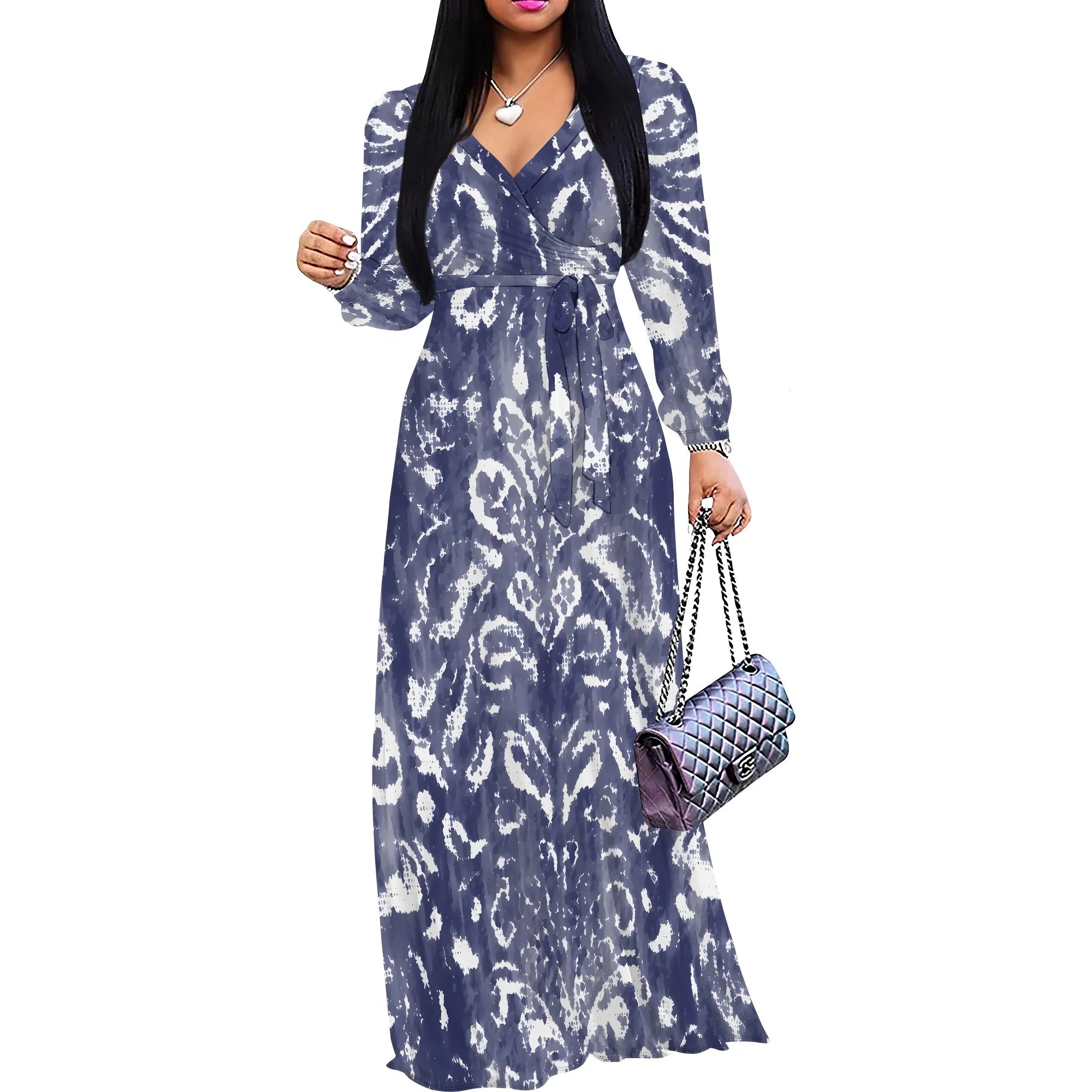 Tie-Dye V-Neck Long Sleeve Maxi Dress Women Casual Boho Fall Holiday Outfits