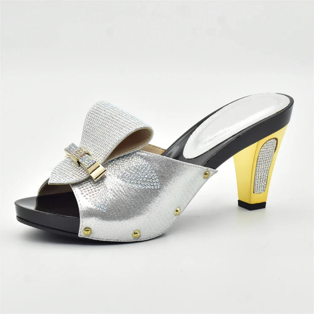 Gold Color Women Slippers Shoes African Women Wedding Shoes Elegant Italian Woman Shoes with Stone High Heels Woman Summer Pumps