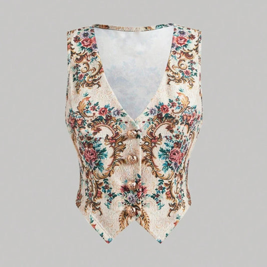Women's Vests Autumn Fashion Cottage Core Traditional Print Single Breasted Sleeveless V-Neck Casual Vests