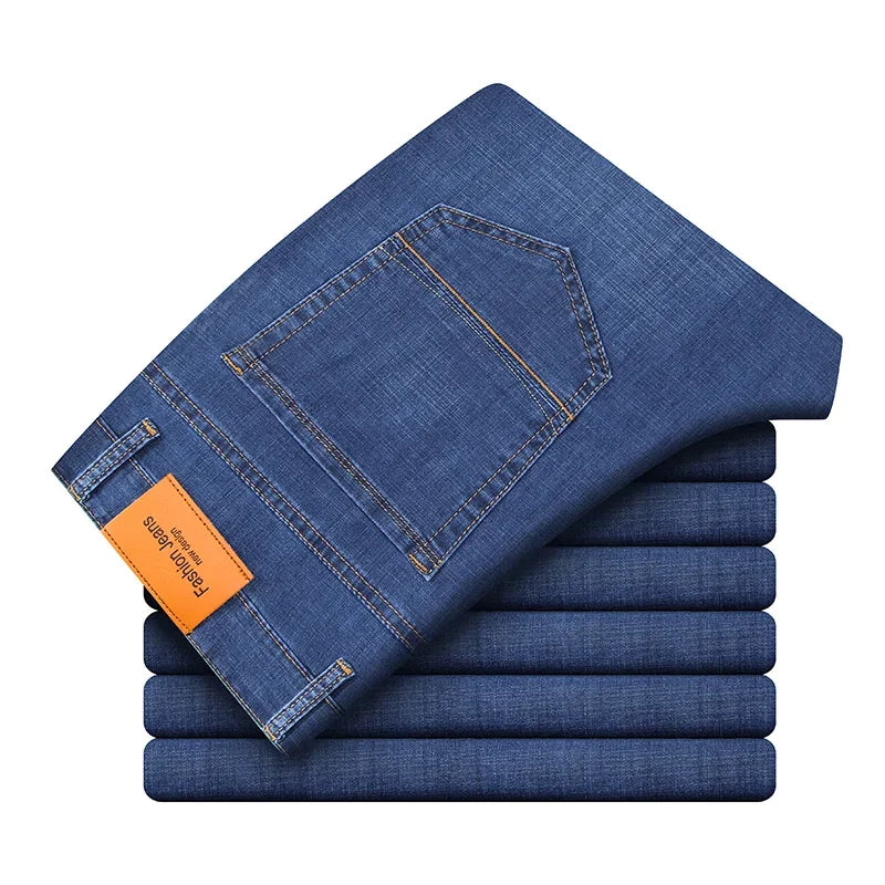 2025 Dunne of dikke stoffen kantoor- en zakenjeans voor heren, klassiek blauw, zwart, katoenen stretch, rechte denimbroek, herenmerkbroeken