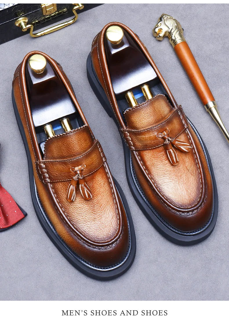 YETTIES Soft Leather Elegant Mens Dress Loafers Shoes Luxury Genuine Leather Tassel Thick Soled Wedding Social Formal Shoes