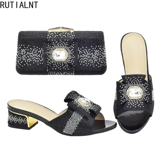 2025 Italian Shoes and Bags Matching Set with Rhinestone Bride Wedding Set African Party Shoes for Women