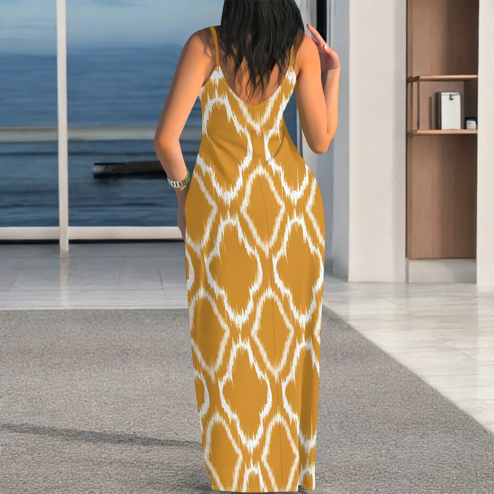 Yellow Ikat Print Sleeveless Maxi Dress for Women Summer Casual Slim Fit Beach Long Dress